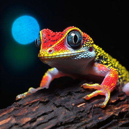 Cute leopard gecko isolated on black background. Animal portraitの素材
