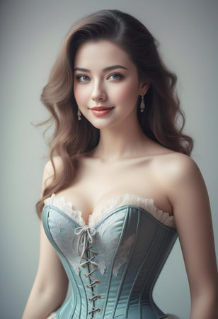 Portrait of a beautiful young woman in corset on gray backgroundの素材