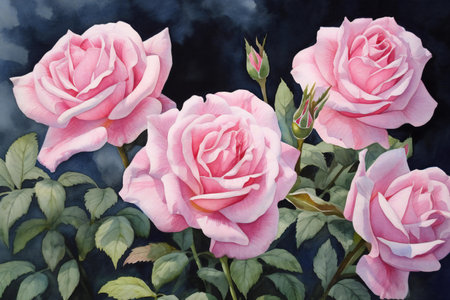 Beautiful pink roses on a dark background. Watercolor painting.の素材