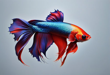 Capture the moving moment of red-blue siamese fighting fish isolated on white background. betta fish.の素材