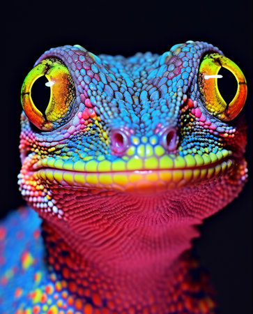 Close-up portrait of a colorful chameleon on black backgroundの素材