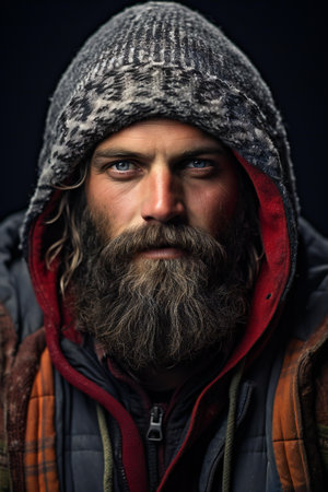 Portrait of a man with a long beard and mustache in a winter hat and jacketの素材