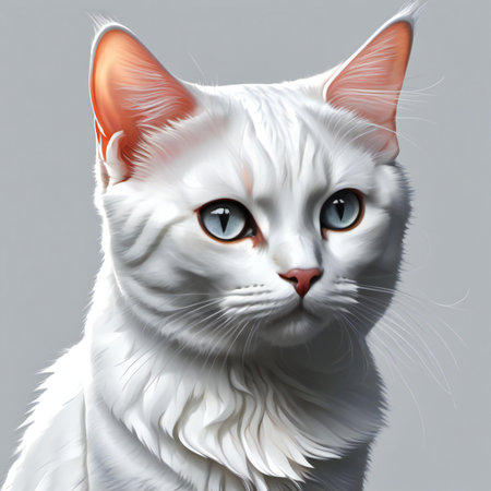 White cat with blue eyes on a gray background.の素材
