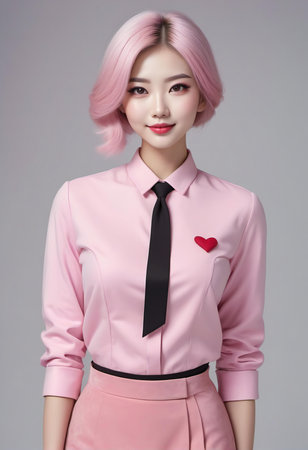 Beautiful asian woman with pink hair and black tie on grey backgroundの素材