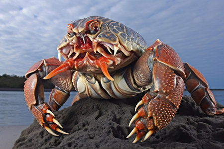 Crab on the beach with blue sky and clouds in the backgroundの素材