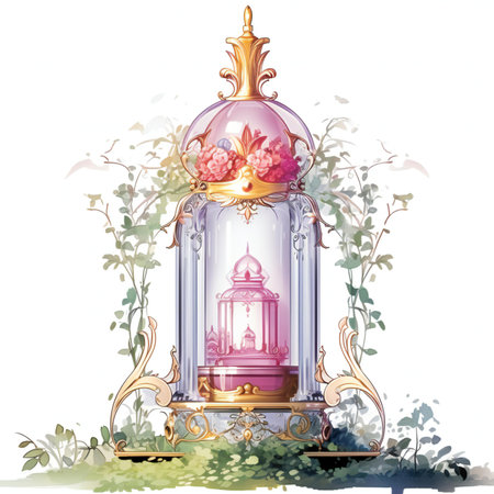 Illustration of a vintage lantern in the garden with flowers and plantsの素材