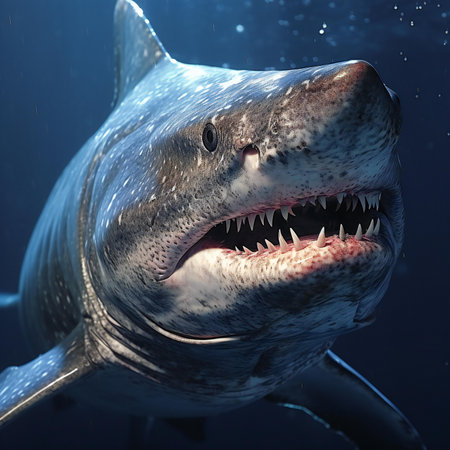 Great White Shark swimming in deep blue water.の素材