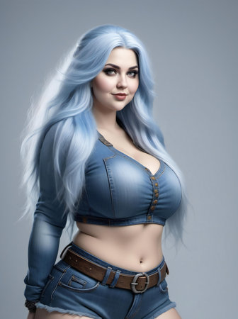 Beautiful young woman with long blue hair posing in studio. Beauty, fashion.の素材