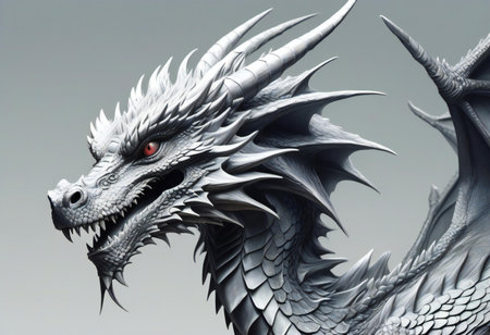 dragon head on gray background, closeup of photo,の素材