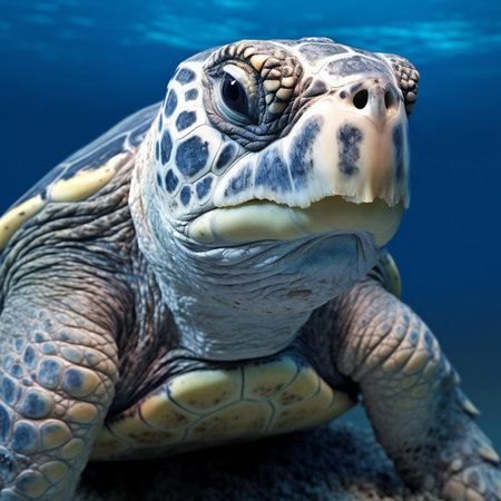 Green Sea Turtle (Chelonia mydas) in deep blue ocean.の素材