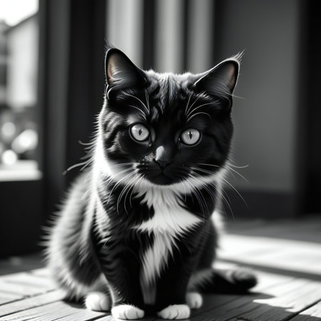 Black and white cat with big eyes sitting on the wooden floor.の素材