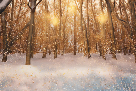 Winter forest with falling snow and sun rays. Beautiful nature background.の素材