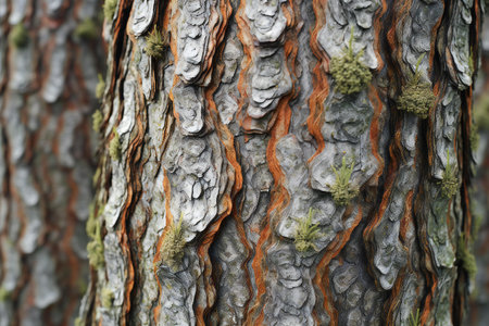 Close up of the bark of an old tree with moss and lichenの素材