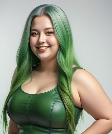 Beautiful asian woman with long green hair, studio shot.の素材