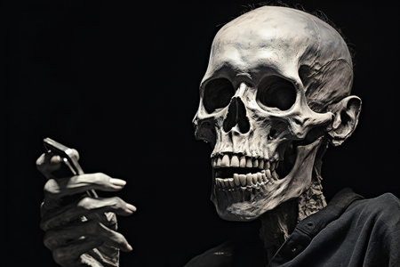 Creepy man with a skull and a cigarette on a black backgroundの素材