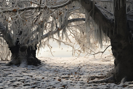Icicles hanging from the branches of an old tree in winterの素材