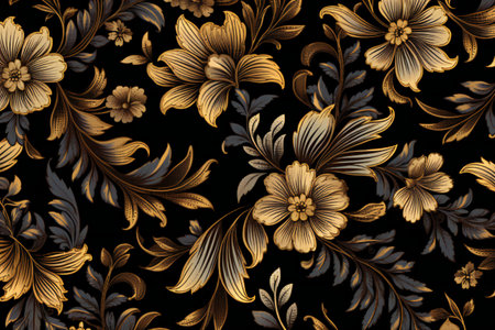 Embroidery floral seamless pattern with golden flowers and leaves on black backgroundの素材