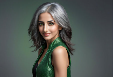 Beautiful young woman with grey hair and green dress on gray backgroundの素材