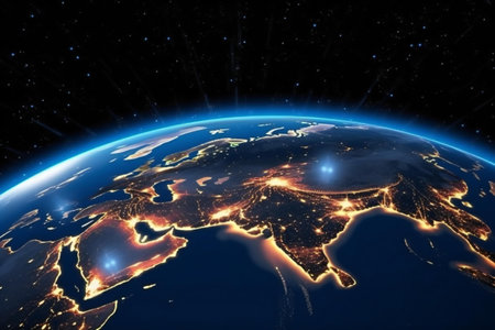 Earth from space showing visible country borders and city lights.の素材
