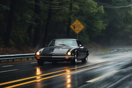 Vintage car driving on the road in the rain. Motion blur.の素材