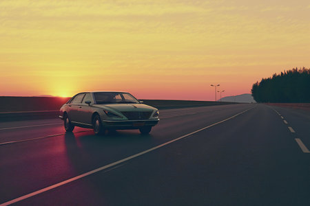 Car on the road at sunset.の素材