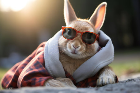 Cute rabbit wearing sunglasses and a plaid shirt in the parkの素材