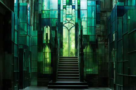 Staircase in the Gothic style with green glass and reflections.の素材