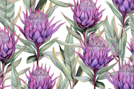 Beautiful pattern with nice watercolor purple protea flowers.の素材