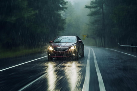 Car driving on the road in the rain. Motion blur background.の素材