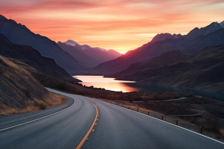 Beautiful landscape of New Zealand alps and road at sunset.の素材
