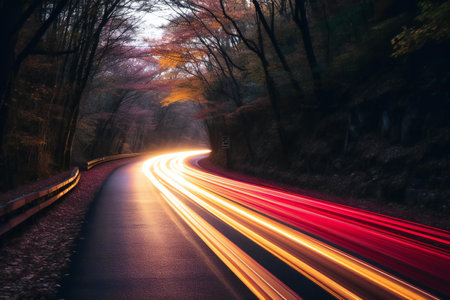 Car light trails in the forest at autumn. Long exposure photo.の素材