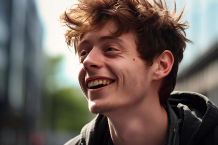 Portrait of a handsome young man laughing outdoors in the city.の素材