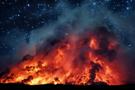 Big bonfire in the night sky with stars. Natural disaster conceptの素材