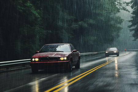 Car driving on a wet road in the rain with motion blur effectの素材
