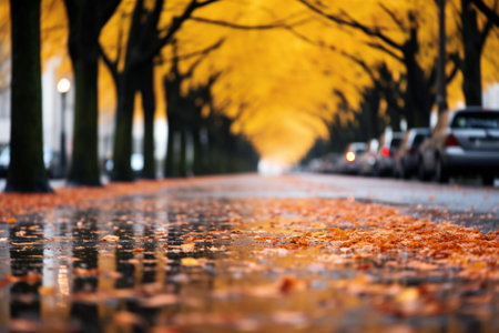 Autumn leaves on the road in the city, blurred background.の素材