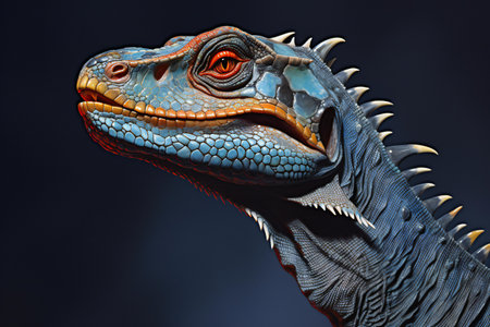 Iguana head close-up on a dark background.の素材