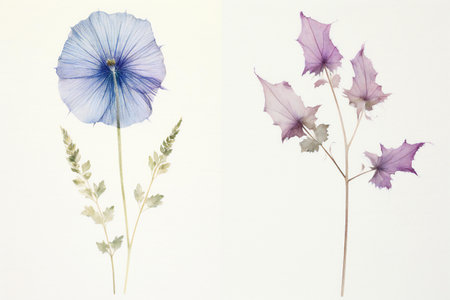 Watercolor illustration of blue poppies on a white background.の素材