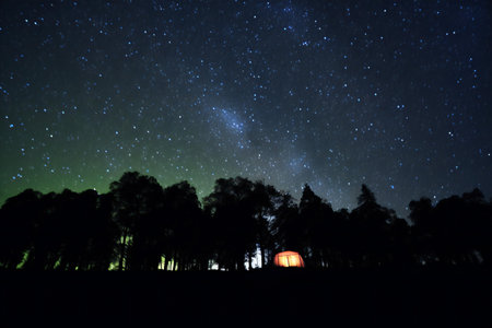 Milky Way in the night sky with silhouette of a tent.の素材