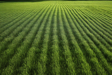 Rows of green grass in the field, closeup of photoの素材