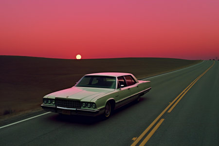 Vintage car on the road at sunset.の素材