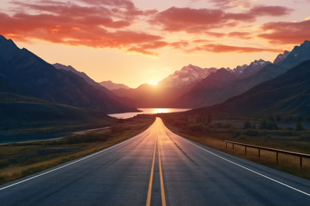 Road to the lake at sunset. Landscape with road and mountainsの素材