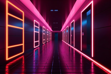 Futuristic corridor with glowing neon lights.の素材