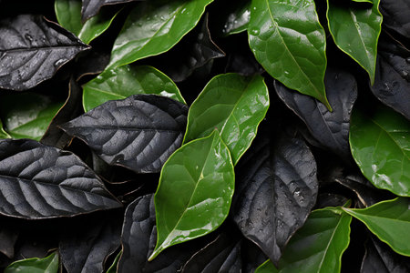 Close up of fresh green coffee leaves with water droplets on itの素材