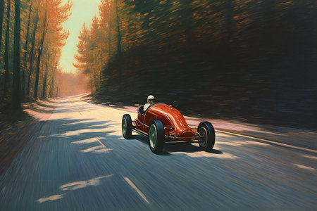 Vintage race car on the road in the forest. Digital painting.の素材