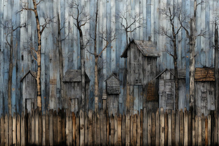 Wooden houses in the forest on the background of a wooden wallの素材