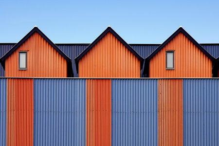 Colorful corrugated metal wall of a warehouse with blue skyの素材