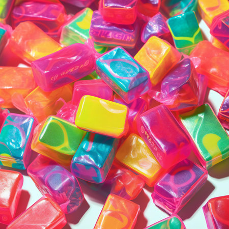 Colorful candies on white background. Top view, copy spaceの素材