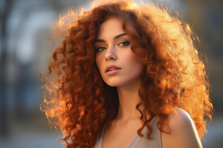 Portrait of beautiful young woman with curly hair outdoors, closeupの素材