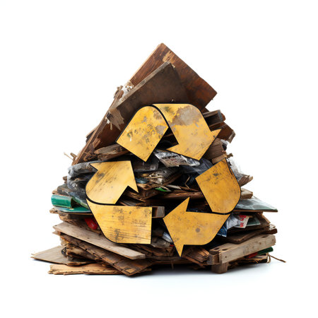 Pile of old wooden waste isolated on white backgroundの素材