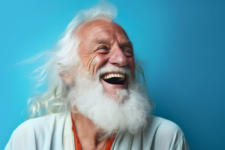 Portrait of happy senior man with white beard laughing on blue backgroundの素材